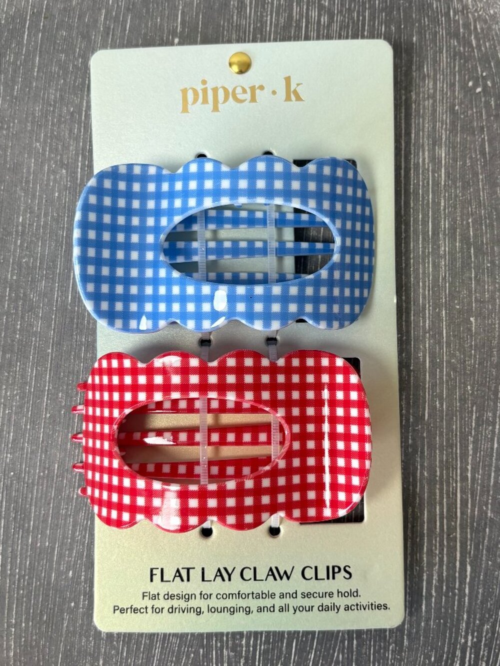 NWT - Piper K Lay Flat Claw Hair Clips - Set of 2 - Blue and Red Checkered